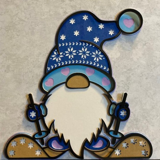 Skiing Gnome, framed 8"x8", close up