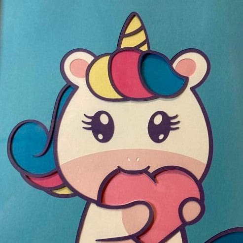 Layered Unicorn with heart, framed 8"x8", close up