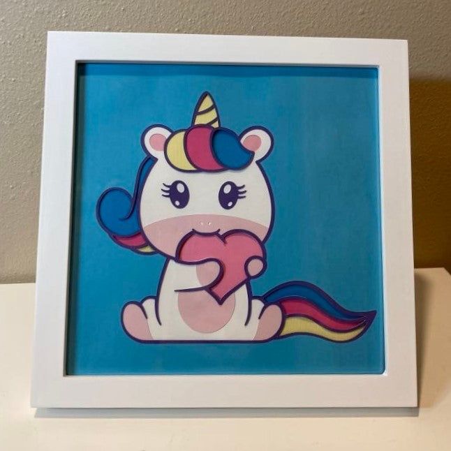 Layered Unicorn with heart, framed 8"x8"