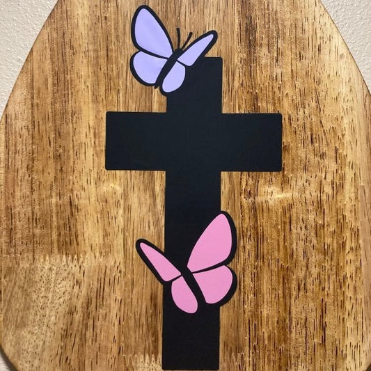 Egg Shaped Wood Easter Sign with cross, close up